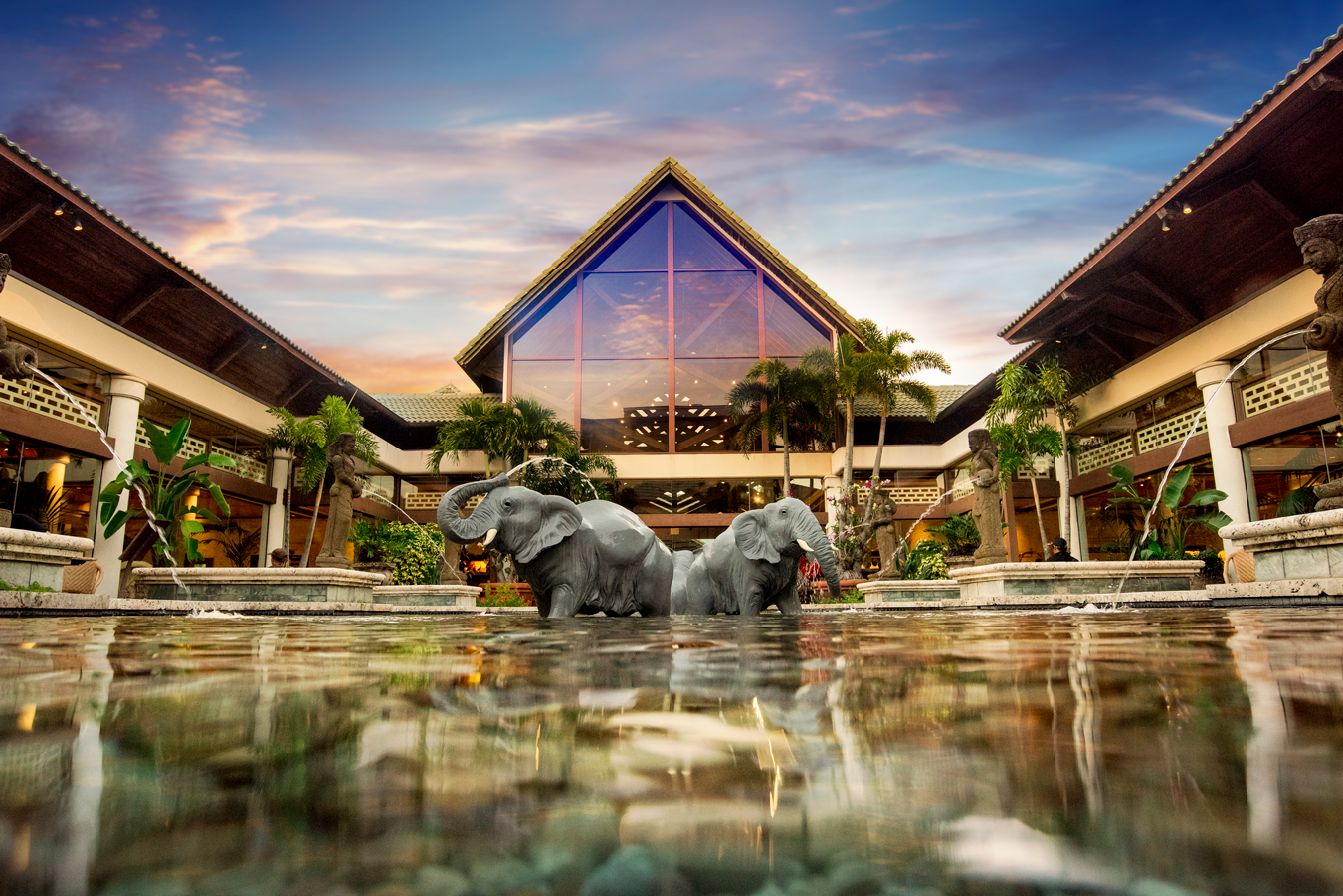 Elephant statue in courtyard fountain